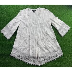 Alfani Women’s Top Size 4 White Cotton Lace Boho Tunic Blouse Embroidered